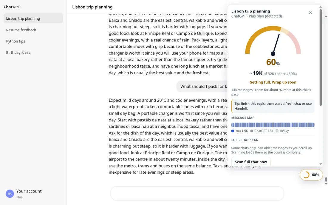 ContextMeter's panel open next to a ChatGPT conversation, showing a gauge, tokens used, the plan and a message map
